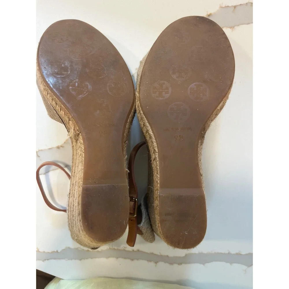Tory Burch Beige Canvas Espadrille Wedge Sandals Tan Leather Ankle Strap Size 9B